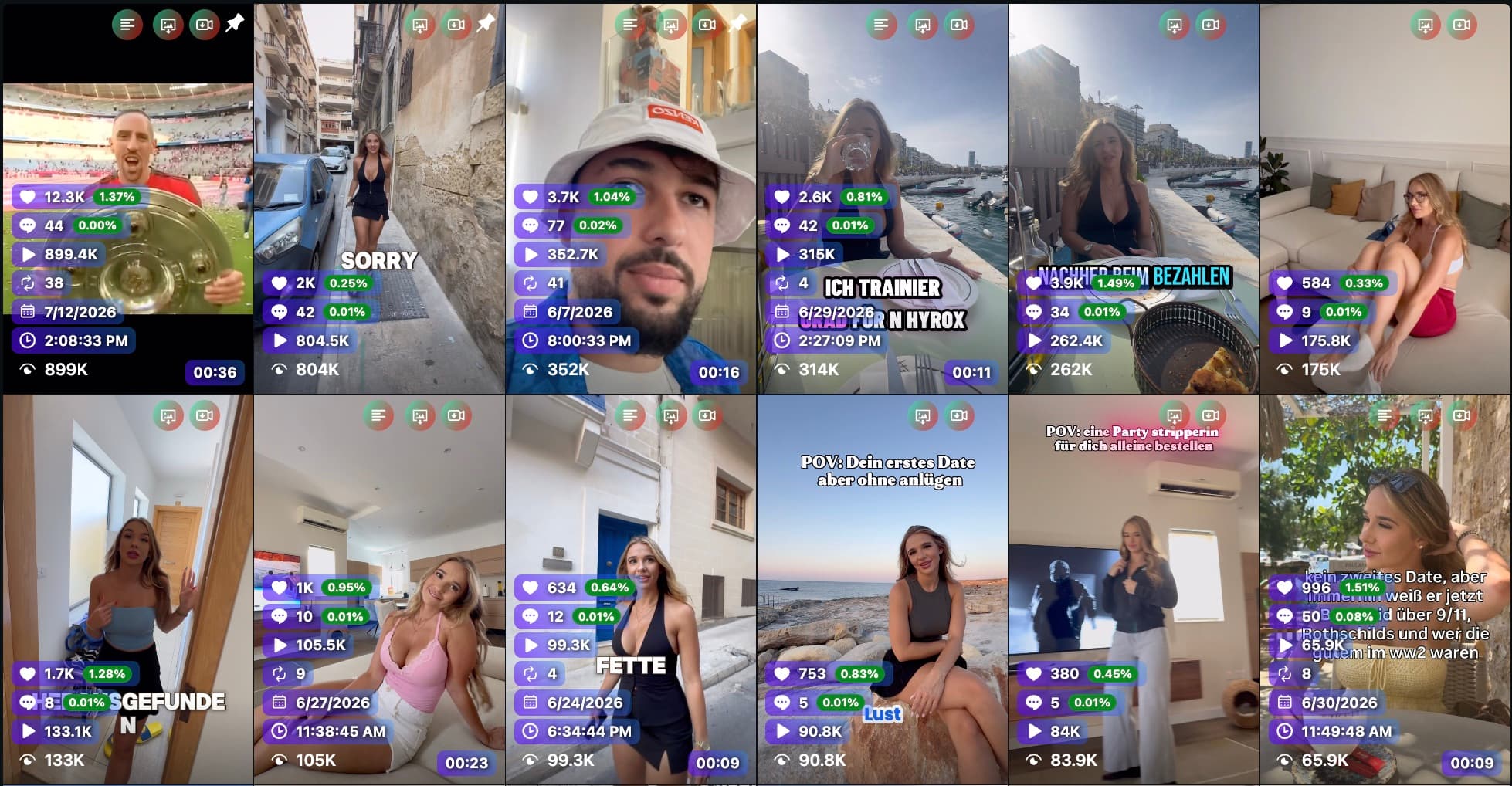 Aperçu de plusieurs vidéos courtes avec entre 65 900 et 899 000 vues